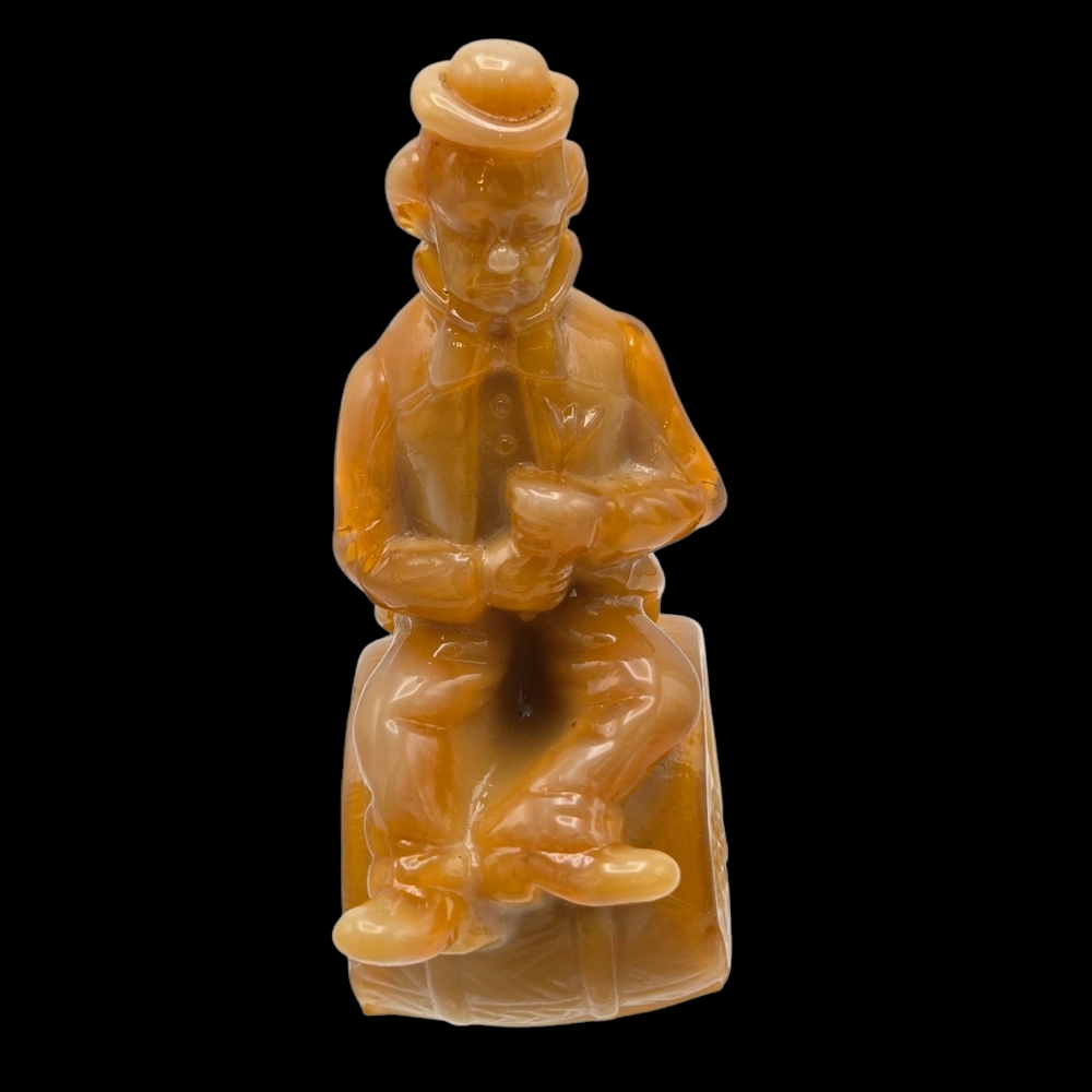 Vintage Retro Mosser Art Glass Performer Clown Barrel Caramel Slag "Yank M 1982"